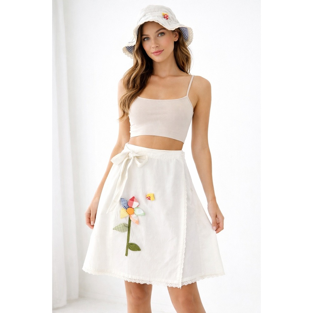 Vintage Handmade Cream Skirt & Matching Hat Set Floral Cottagecore Freesize